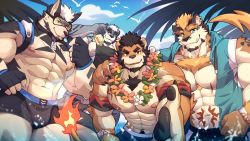 Rule 34 | 4boys, :p, abs, alca (wakatanka4), alca the lion, animal ears, arm tattoo, bara, beach, beard, beckoning, beenic, black hair, black male swimwear, bulge, chest tattoo, dog boy, dog ears, eyewear on head, facial hair, fang, fang out, fingerless gloves, flower, flower necklace, forgetch (chen0for), furrification, furry, furry male, gloves, goggles, gyee, hand on another&#039;s shoulder, headphones, headphones around neck, highres, jewelry, large pectorals, lion boy, lion ears, lion tail, looking at viewer, male focus, male swimwear, mature male, multiple boys, muscular, muscular male, navel, navel hair, necklace, nipple slip, nipples, original, outstretched hand, pectorals, reaching, reaching towards viewer, romg, romg the jaguar, second-party source, short hair, sideburns, sidepec, smile, stomach, stomach tattoo, sunglasses, swim trunks, tail, tattoo, thick eyebrows, thick thighs, thighs, tiger boy, tiger ears, tongue, tongue out, topless male, zixiong zix (character)