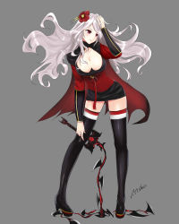 Rule 34 | 00s, 1girl, bad id, bad pixiv id, black footwear, black skirt, black thighhighs, blush, boots, breasts, cape, character request, cleavage, cleavage cutout, clothing cutout, contrapposto, demon slayer (dungeon and fighter), dungeon and fighter, female focus, female slayer (dungeon and fighter), flower, flower on head, full body, grey background, hair flower, hair ornament, high heel boots, high heels, highres, large breasts, leaning, long hair, miniskirt, pencil skirt, red eyes, shaojiang, silver hair, simple background, skirt, smile, solo, standing, thigh boots, thighhighs, thighs, weapon, zettai ryouiki