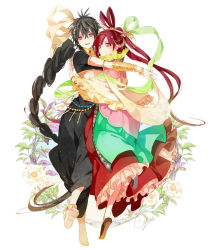 Rule 34 | 1boy, 1girl, anklet, barefoot, black hair, braid, chinese clothes, flower, gomas, hair ornament, hair rings, hair stick, hetero, hug, jewelry, judal, long hair, lots of jewelry, magi the labyrinth of magic, midriff, neck ring, red eyes, red hair, ren kougyoku, single braid, smile