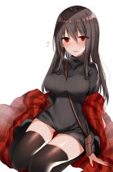 Rule 34 | 1girl, bag, between breasts, black sweater, black thighhighs, blush, breasts, brown hair, commentary request, dress, hair between eyes, heart, highres, kinona, large breasts, long hair, long sleeves, looking at viewer, original, parted lips, plaid, red eyes, ribbed sweater, shoulder bag, simple background, smile, solo, strap between breasts, sweater, sweater dress, thighhighs, white background