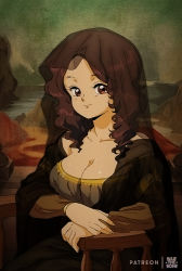 Rule 34 | 1980s (style), 1girl, animification, artist name, bluethebone, breasts, brown eyes, brown hair, cleavage, closed mouth, derivative work, fine art parody, highres, looking at viewer, medium hair, mona lisa, oldschool, own hands together, parody, renaissance, retro artstyle, smile, solo, veil