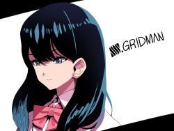 Rule 34 | 1girl, black hair, blue eyes, bow, bowtie, closed mouth, copyright name, gridman universe, highres, long hair, red bow, shirt, simple background, solo, ssss.gridman, straight hair, takarada rikka, tukiwani, white background, white shirt