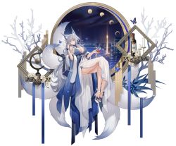 Rule 34 | 1girl, animal ear fluff, animal ears, ass, azur lane, bare shoulders, blue dress, blue eyes, bottle, branch, breasts, bug, butterfly, choker, cleavage, closed mouth, cup, dress, drinking glass, feather boa, fox ears, fox girl, fox tail, full body, hair ornament, hand up, high heels, highres, holding, holding cup, insect, invisible chair, kitsune, kyuubi, large breasts, large tail, long dress, long hair, looking at viewer, moon phases, multiple tails, official alternate costume, official art, shinano (azur lane), shinano (dreams of the hazy moon) (azur lane), silver hair, sitting, soaryuna, solo, tail, thighs, transparent background, two-tone dress, very long hair, white footwear, wine bottle, wine glass