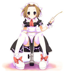 Rule 34 | 00s, 1girl, alternate costume, brown eyes, brown hair, chair, enmaided, full body, k-on!, maid, riding crop, short hair, sitting, solo, sora to umi, tainaka ritsu, thighhighs, tomboy, whip