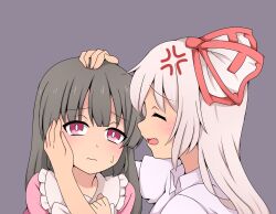 Rule 34 | 2girls, anger vein, blouse, blush, bow, bowtie, breasts, bright pupils, closed eyes, closed mouth, collared shirt, commentary request, false smile, fang, fujiwara no mokou, grey hair, hair between eyes, hand on another&#039;s face, hand on another&#039;s head, hand up, hands up, headpat, highres, houraisan kaguya, long hair, long sleeves, looking at another, medium breasts, multicolored bow, multiple girls, open mouth, parody, petting, pink eyes, pink shirt, puffy short sleeves, puffy sleeves, purple background, red bow, shirt, short sleeves, simple background, smile, suwaneko, sweat, sweatdrop, tongue, touhou, two-tone bow, white bow, white bowtie, white pupils, white shirt, wide sleeves, yuri