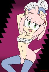 Rule 34 | 1girl, amy rose, animal ears, animal nose, arms up, artist name, blue thighhighs, body fur, bottomless, breasts, cleavage, female focus, flat color, furry, furry female, gloves, green eyes, groin, hairband, half-closed eye, happy, jaggy lines, looking at viewer, medium breasts, navel, oekaki, open mouth, own hands together, pink fur, pink hair, purple background, red hairband, rockthebull, sarashi, short hair, sidelocks, signature, simple background, smile, solo, sonic (series), standing, stomach, tail, teeth, thighhighs, uneven eyes, white gloves