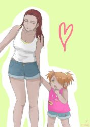 Rule 34 | 2girls, akimichi chouchou, breasts, closed eyes, collarbone, dark-skinned female, dark skin, denim, denim shorts, earrings, finger to mouth, hair over one eye, heart, holding own arm, jewelry, karui (naruto), long hair, mother and daughter, multiple girls, naruto, naruto (series), open mouth, short twintails, shorts, simple background, sleeveless, tank top, thighs, twintails, yellow eyes