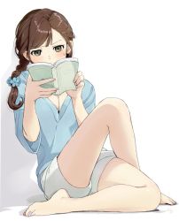 Rule 34 | 1girl, blue flower, blue shirt, blush, book, braid, breasts, brown eyes, brown hair, cleavage, commentary request, crossed legs, fingernails, flower, full body, hair flower, hair ornament, holding, holding book, kawai makoto, long hair, looking at book, medium breasts, nail polish, open book, pink nails, reading, shirt, shorts, simple background, sitting, solo, sweat, sweatdrop, toenail polish, toenails, white background, white shorts, wide sleeves