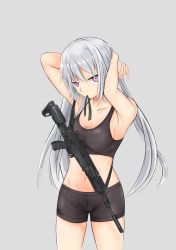 Rule 34 | 1girl, ak-12, ak-12 (girls&#039; frontline), armpits, arms behind head, arms up, assault rifle, bare shoulders, bike shorts, black ribbon, breasts, cleavage, girls&#039; frontline, graphite (medium), grey background, gun, gun sling, hair between eyes, highres, kalashnikov rifle, long hair, looking at viewer, mechanical pencil, medium breasts, midriff, mouth hold, navel, pencil, purple eyes, ribbon, ribbon in mouth, rifle, rozenberg, shirt, sidelocks, silver hair, simple background, solo, sports bra, standing, taut clothes, taut shirt, thighs, traditional media, tying hair, weapon