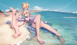 Rule 34 | 2girls, absurdres, armpits, barbara (genshin impact), barbara (summertime sparkle) (genshin impact), bare shoulders, barefoot, beach chair, beach umbrella, blonde hair, blue eyes, blue one-piece swimsuit, blue sky, cloud, detached sleeves, gao guangyue, genshin impact, hair ribbon, hat, high ponytail, highres, jean (genshin impact), jean (sea breeze dandelion) (genshin impact), looking back, lying, multiple girls, ocean, on back, on stomach, one-piece swimsuit, partially submerged, ribbon, scenery, seashell, shell, siblings, sisters, sky, soles, swimsuit, thighs, toes, twintails, umbrella, water