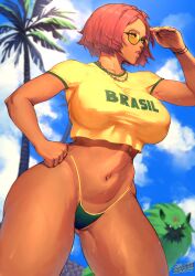 Rule 34 | 1girl, absurdres, dark-skinned female, dark skin, giovanna (guilty gear), glasses, gluteal fold, green eyes, guilty gear, guilty gear strive, hand on own hip, highres, midriff, navel, palm tree, red hair, rei (guilty gear), searching, shirt, short hair, signature, spunkyramaz, sweat, swimsuit, tree, yellow shirt