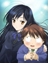 Rule 34 | 10s, 1boy, 1girl, :d, accel world, antenna hair, aqua background, arita haruyuki, bad id, bad pixiv id, black hair, blazer, blush, bow, bowtie, brown eyes, brown hair, buttons, constricted pupils, couple, fat, fat man, flat chest, grey eyes, hand on another&#039;s shoulder, hetero, jacket, kuroyukihime, light smile, long hair, looking at viewer, looking up, necktie, open mouth, orange eyes, own hands together, parted bangs, platin (alios), plump, school uniform, shirt, short hair, size difference, smile, sweatdrop, upper body, very long hair