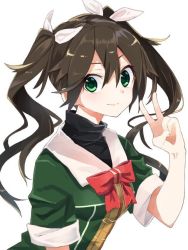 Rule 34 | 10s, 1girl, brown hair, green eyes, hair ribbon, kantai collection, long hair, looking at viewer, multiple girls, open mouth, personification, ribbon, short sleeves, simple background, smile, solo, taiki (ozone), tone (kancolle), twintails, v, white background