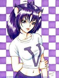 Rule 34 | 00s, 1girl, 2003, animal ears, arm grab, bewildered, breasts, cat ears, cat girl, cat tail, checkered background, collarbone, long hair, looking at viewer, medium breasts, midriff, navel, pants, purple background, purple eyes, purple hair, purple pants, red lips, shirt, short sleeves, solo, tail, upper body, white shirt
