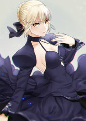 Rule 34 | 1girl, artoria pendragon (all), artoria pendragon (fate), black ribbon, blonde hair, blurry, breasts, cleavage, closed mouth, collarbone, depth of field, dress, expressionless, fate/stay night, fate (series), from side, grey background, hair ribbon, halter dress, halterneck, hand on own chest, hand up, juliet sleeves, kanameyura, long sleeves, looking at viewer, looking to the side, medium breasts, puffy sleeves, purple dress, ribbon, saber alter, short hair, simple background, solo, upper body, yellow eyes