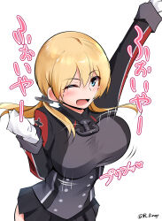 Rule 34 | 1girl, anchor hair ornament, black skirt, blonde hair, blue eyes, blush, bouncing breasts, breasts, cross, gloves, hair ornament, highres, iron cross, jacket, kantai collection, large breasts, lingerie (aki3240), long hair, long sleeves, looking at viewer, low twintails, military, military uniform, one eye closed, open mouth, prinz eugen (kancolle), skirt, smile, solo, twintails, twitter username, uniform, white gloves