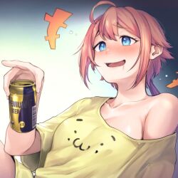 Rule 34 | 1girl, 5saiji, ahoge, alcohol, beer, beer can, blue eyes, blush, breasts, can, commission, drink can, hair between eyes, highres, holding, indie virtual youtuber, medium breasts, off shoulder, open mouth, pink hair, ponytail, purple hair, saliva, shirt, simple background, skeb commission, solo, upper body, virtual youtuber, yellow shirt
