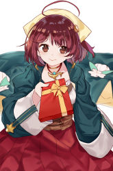 Rule 34 | 1girl, atelier (series), atelier sophie, bow, box, breasts, brown corset, brown eyes, brown hair, coat, commentary, corset, green coat, hair ornament, hairclip, highres, holding, holding box, jewelry, long sleeves, looking at viewer, necklace, pleated skirt, red skirt, ribbon, ryuuno6, short hair, skirt, smile, solo, sophie neuenmuller, valentine, whale, wide sleeves, yellow ribbon
