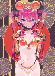 Rule 34 | 1girl, animal ears, armor, bare shoulders, bell, bikini, bikini armor, blade (galaxist), breasts, chinese zodiac, collarbone, commentary request, cowboy shot, curled horns, dragon horns, elizabeth bathory (brave) (fate), elizabeth bathory (fate), fake animal ears, fate/grand order, fate (series), floral background, floral print, flower, groin, hands up, highleg, highleg bikini, horns, jingle bell, long hair, looking at viewer, mouse ears, navel, parted lips, pelvic curtain, pink flower, pink hair, pointy ears, red armor, red bikini, rose print, see-through, sidelocks, small breasts, solo, swimsuit, twintails, vambraces, very long hair, white flower, year of the rat