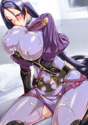 Rule 34 | 1girl, belt, blush, bodysuit, grabbing another&#039;s breast, breasts, commentary request, covered erect nipples, covered navel, cum, cum in mouth, cum on body, cum on breasts, cum on hair, cum on lower body, cum on upper body, cumdrip, ebido, facial, fate/grand order, fate (series), fingerless gloves, gloves, grabbing, grabbing own breast, highres, huge breasts, licking, long hair, low-tied long hair, mature female, minamoto no raikou (fate), no bra, parted bangs, purple bodysuit, purple eyes, purple hair, ribbed sleeves, rope, sitting, solo, very long hair