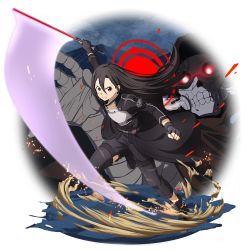 Rule 34 | 2boys, androgynous, armor, beam saber, black cape, black eyes, black footwear, black gloves, black hair, black pants, breastplate, cape, clenched teeth, death gun, fingerless gloves, floating hair, full body, gloves, hair between eyes, highres, holding, holding sword, holding weapon, kirito, kirito (sao-ggo), long hair, long sleeves, male focus, multiple boys, official art, outstretched arms, pants, red eyes, running, sword, sword art online, teeth, transparent background, trap, v-shaped eyebrows, very long hair, waist cape, weapon