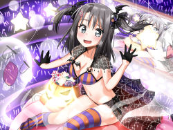 Rule 34 | 1girl, :p, alternate hairstyle, aro 1801, asymmetrical legwear, bang dream!, basket, bikini, black eyes, black gloves, black hair, blush, breasts, candy, capelet, cleavage, collarbone, food, ghost, gloves, glowstick, hair ornament, hairclip, half gloves, halloween, head wings, jack-o&#039;-lantern, jitome, looking at viewer, loose thighhigh, medium breasts, medium hair, okusawa misaki, open mouth, overskirt, screen, silk, sitting, socks, solo, sparkle, spider web, star (symbol), striped bikini, striped clothes, striped socks, striped thighhighs, swimsuit, thighhighs, tongue, tongue out, two side up, uneven legwear, vertical-striped bikini, vertical-striped clothes, vertical-striped socks, vertical-striped thighhighs, wings