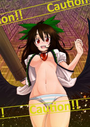 Rule 34 | 1girl, arm cannon, black hair, bow, breasts, cape, caution, covered erect nipples, hair bow, highres, navel, no pants, open clothes, open shirt, panties, perky breasts, pointy breasts, reiuji utsuho, shirt, smile, striped clothes, striped panties, tanatoth, third eye, touhou, underboob, underwear, weapon, wings
