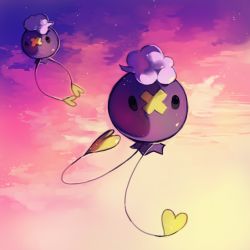 Rule 34 | black eyes, cloud, cloudy sky, commentary, creature, creatures (company), drifloon, english commentary, floating, full body, game freak, gen 4 pokemon, nintendo, no humans, outdoors, pinkgermy, pokemon, pokemon (creature), sky, star (sky), starry sky, twilight
