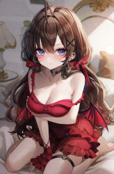 Rule 34 | 1girl, absurdres, ahoge, arm support, arm under breasts, bare shoulders, bed sheet, black choker, blue eyes, blush, bow, breasts, brown hair, choker, cleavage, closed mouth, collarbone, demon wings, desk lamp, dot nose, dress, ear piercing, fake wings, frilled dress, frills, garter straps, hair between eyes, hair bow, hair ornament, hair ribbon, hairclip, heart, heart choker, highres, ichinose shiki, idolmaster, idolmaster cinderella girls, idolmaster cinderella girls starlight stage, indoors, kudou (sikisiki0000), lamp, long hair, looking at viewer, medium breasts, on bed, piercing, pillow, rainbow gradient, red dress, red ribbon, red scrunchie, ribbon, scrunchie, single garter strap, sitting, sleeveless, sleeveless dress, solo, strap slip, sweat, sweatdrop, wariza, wavy hair, wings, wrist scrunchie, x hair ornament