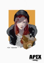 Rule 34 | 1girl, apex legends, beanie, black hat, black jacket, blue eyes, blush, box, character name, copyright name, earrings, grey shirt, hair behind ear, hat, highres, holding, holding box, jacket, jewelry, looking at viewer, mila alexander, red hair, red lips, shirt, smile, solo, steam, watashida