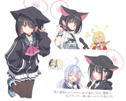 Rule 34 | 4girls, ahoge, animal ears, black hair, black jacket, black pantyhose, blonde hair, blue archive, blush, cat ears, closed eyes, closed mouth, colored inner hair, extra ears, grey hair, hair ornament, halo, highres, holding, holding microphone, hood, hood down, hood up, hooded jacket, jacket, kazusa (band) (blue archive), kazusa (blue archive), long hair, long sleeves, microphone, multicolored hair, multiple girls, music, official alternate costume, open clothes, open jacket, open mouth, pantyhose, pink hair, pink halo, pleated skirt, purple hair, purple halo, red eyes, red jacket, reisa (blue archive), sailor collar, sakurako (blue archive), satou kibi, shirt, shoes, short hair, short sleeves, simple background, singing, skirt, smile, star (symbol), star hair ornament, translation request, twintails, white background, white sailor collar, white shirt, white skirt, yellow halo, yoshimi (band) (blue archive), yoshimi (blue archive)