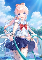 Rule 34 | 1girl, :d, artist name, blue hair, blue skirt, blue sky, blunt bangs, blush, bow, bow-shaped hair, bowtie, broom, cloud, commentary request, day, eyelashes, fence, floating hair, genshin impact, glint, gradient hair, highres, holding, holding hose, hose, leg up, lilia creative, long hair, looking at viewer, multicolored hair, open mouth, outdoors, pink hair, pleated skirt, ponytail, purple eyes, red bow, red bowtie, sailor collar, sangonomiya kokomi, school uniform, serafuku, shirt, short sleeves, sidelocks, skirt, sky, smile, solo, standing, standing on one leg, tareme, teeth, tree, upper teeth only, very long hair, water, water drop, white sailor collar, white shirt