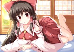 Rule 34 | 1girl, ascot, barefoot, between breasts, black hair, blush, bow, breasts, brown eyes, collarbone, commentary request, detached sleeves, dress, fookun, futon, hair bow, hair tubes, hakurei reimu, highres, large breasts, leg up, long hair, long sleeves, looking at viewer, lying, naba (take tonbo), on stomach, open clothes, open dress, red dress, smile, solo, touhou, wide sleeves