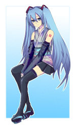 Rule 34 | 1girl, bad id, bad pixiv id, blue hair, harano, hatsune miku, japanese clothes, long hair, skirt, solo, thighhighs, twintails, very long hair, vocaloid