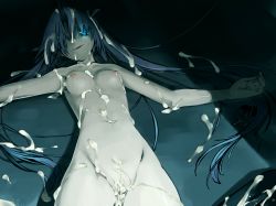 Rule 34 | 1girl, after rape, aftersex, armpits, blue eyes, blue hair, breasts, bukkake, collarbone, completely nude, cum, cum in pussy, cum on body, cum on hair, cumdrip, facial, female focus, fingernails, game cg, glowing, glowing eye, groin, hair ornament, hair over one eye, long hair, looking at viewer, lying, nipples, nude, on back, open mouth, outstretched arms, small breasts, smile, solo, spread arms, subarashiki hibi, twintails, very long hair