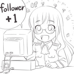 Rule 34 | 1girl, anachronism, blush, breasts, computer, crt, crt, desk, glasses, happy, lineart, long hair, lowres, military, military uniform, monitor, monochrome, open mouth, perrine h. clostermann, sketch, small breasts, smile, solo, speech bubble, strike witches, tearing up, tears, uniform, upper body, world witches series, youkan