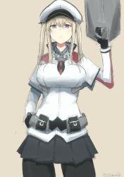 Rule 34 | 10s, 1girl, anti-aircraft, anti-aircraft gun, black pantyhose, blonde hair, breasts, cannon, capelet, female focus, gloves, graf zeppelin (kancolle), grey eyes, hair between eyes, hat, impossible clothes, jacket, kantai collection, large breasts, long hair, miniskirt, nayuhi (yukimuu14), necktie, pantyhose, peaked cap, skirt, solo, turret, twintails, uniform