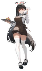 1girl absurdres apron black_footwear black_hair black_halo black_skirt blue_archive blush bright_pupils brown_apron cake food full_body hair_ornament hairclip halo highres holding holding_tray long_hair long_sleeves looking_at_viewer name_tag parted_lips pastry_bag red_eyes rega rio_(blue_archive) simple_background skirt solo sweater thighhighs tray turtleneck turtleneck_sweater very_long_hair white_background white_pupils white_sweater white_thighhighs