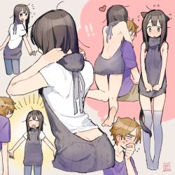 Rule 34 | !, !!, 10s, 1boy, 1girl, 2017, ^^^, ^ ^, animal ears, arms behind head, ass, back, backless dress, backless outfit, bare arms, bare back, bare legs, bare shoulders, barefoot, between legs, black hair, black sweater, blank eyes, blue eyes, blue pants, blue thighhighs, blush, breasts, brown hair, butt crack, cat ears, cat tail, closed eyes, couple, covered mouth, covering own mouth, cropped torso, dated, dress, ear blush, embarrassed, flying sweatdrops, hand over own mouth, heart, hetero, hug, hug from behind, kemonomimi mode, kitashirakawa tamako, kneeling, long hair, looking back, meme attire, messy hair, momose (oqo), multiple views, naked sweater, nervous, ooji mochizou, pants, pigeon-toed, purple shirt, ribbed sweater, shirt, short sleeves, sideboob, signature, sitting, small breasts, soles, standing, surprised, sweatdrop, sweater, sweater dress, t-shirt, tail, tail between legs, tamako market, thighhighs, turtleneck, turtleneck sweater, v arms, virgin killer sweater, white shirt