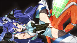 Rule 34 | 1girl, blue hair, breasts, covered erect nipples, covered navel, impossible clothes, impossible leotard, interspecies, kazanari tsubasa, leotard, long hair, medium breasts, monster, noise (symphogear), one side up, penis, purple eyes, pussy, rape, restrained, senki zesshou symphogear, sex, shiny clothes, shiny skin, skin tight, solo focus, spread legs, toranpo rintarou, torn clothes, torn leotard