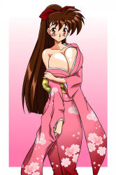 Rule 34 | 1girl, border, bow, breasts, brown eyes, brown hair, cleavage, highres, huge breasts, japanese clothes, kimono, long hair, looking at viewer, pink background, pink kimono, simple background, solo, ta152 (graf zeppelin), takeuchi yuka, textless version, third-party edit, variable geo, white border