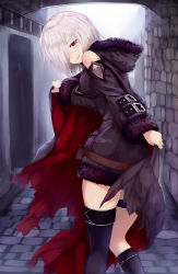 Rule 34 | 1girl, alley, bare shoulders, black cape, black coat, black dress, brick wall, cape, clothing cutout, coat, dress, fur trim, grin, hair over one eye, highres, hood, hood down, long sleeves, looking at viewer, looking back, multicolored cape, multicolored clothes, open mouth, purple eyes, red cape, shadowverse, shingeki no bahamut, short hair, shoulder cutout, silver hair, smile, solo, thigh strap, wizardess of oz, yamato (muchuu paradigm)