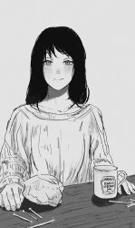Rule 34 | 1girl, absurdres, akino kogomi, black hair, blush, chainsaw man, cup, female focus, grey background, greyscale, highres, long hair, long sleeves, looking at viewer, mole, mole on cheek, mole under eye, mole under mouth, monochrome, mug, nail, santa claus (chainsaw man), simple background, sitting, smile, solo, sweater, table, upper body