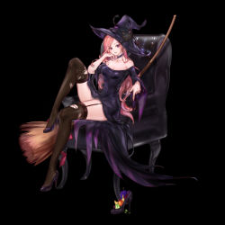 Rule 34 | 1girl, 96dgd, absurdres, armchair, bare shoulders, black background, breasts, broom, chair, choker, cleavage, collar, collarbone, covered navel, dress, dungeon and fighter, full body, garter straps, hand on own cheek, hand on own face, hat, head rest, high heels, highres, jewelry, leg up, looking at viewer, medium breasts, pink eyes, pink hair, purple collar, purple dress, purple footwear, simple background, solo, strapless, strapless dress, thief (dungeon and fighter), thighhighs, torn clothes, torn thighhighs, wide sleeves, witch, witch hat