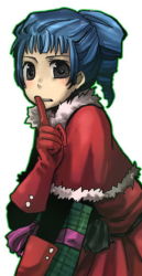 Rule 34 | 1girl, alfa system, ange serena, black eyes, blue hair, blush, christmas, elbow gloves, finger to mouth, fur trim, gift, gloves, grey eyes, high ponytail, looking at viewer, ponytail, santa costume, short hair, shushing, simple background, solo, tales of (series), tales of innocence, white background
