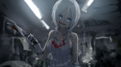 Rule 34 | .live, 1girl, :d, bare shoulders, blood, blood on clothes, blood on face, blue eyes, blurry, blurry background, breasts, collarbone, collared shirt, commentary request, depth of field, elbow gloves, gloves, hair between eyes, highres, holding, holding knife, knife, large breasts, looking at viewer, misaki nonaka, open mouth, shirt, silver hair, dennou shoujo siro, sleeveless, sleeveless shirt, smile, solo, virtual youtuber, white gloves