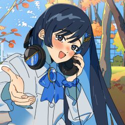 Rule 34 | 1girl, autumn leaves, beckoning, black hair, blue bow, blue bowtie, blue brooch, blue eyes, blue hair, blue sky, blush, bow, bowtie, cable, cevio, collared shirt, colored inner hair, commentary request, day, futaba minato, grey shirt, hair ornament, hairclip, head tilt, headphones, headphones around neck, highres, holding, holding headphones, long hair, long sleeves, looking at viewer, momonosa oekaki, multicolored hair, outdoors, outstretched hand, reaching, reaching towards viewer, scrunchie, shirt, sky, smile, solo, tearing up, tree, upper body, wrist scrunchie