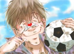Rule 34 | 1boy, ball, bandaid, bandaid on face, bandaid on nose, blue sky, brown hair, closed eyes, day, dirty, dirty face, dirty hands, english text, heart, male focus, monster (manga), outdoors, sky, smile, soccer ball, solo, upper body, wolfgang grimmer, yyi (monsterlogs)