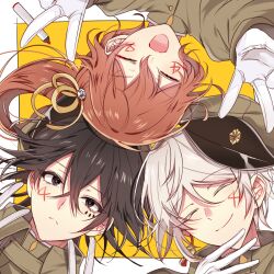 Rule 34 | 1girl, 2boys, ^ ^, bell, black eyes, black hair, brown headwear, brown jacket, bungou stray dogs, closed eyes, closed mouth, double v, earrings, facial mark, gloves, hand up, hands up, hat, jacket, jewelry, jouno saigiku (bungou stray dogs), long hair, military hat, multiple boys, okura teruko, open mouth, pen, ponytail, portrait, red hair, single earring, smile, suehiro tetchou (bungou stray dogs), upside-down, v, white gloves, white hair, yellow background, yss nno