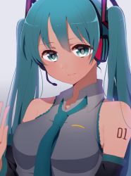 Rule 34 | 1girl, aqua eyes, aqua hair, aqua necktie, arm tattoo, breasts, closed mouth, collared shirt, detached sleeves, gradient background, grey shirt, harusawa, hatsune miku, headset, long hair, looking at viewer, medium breasts, necktie, number tattoo, shirt, sleeveless, sleeveless shirt, smile, solo, tareme, tattoo, twintails, upper body, vocaloid, wing collar